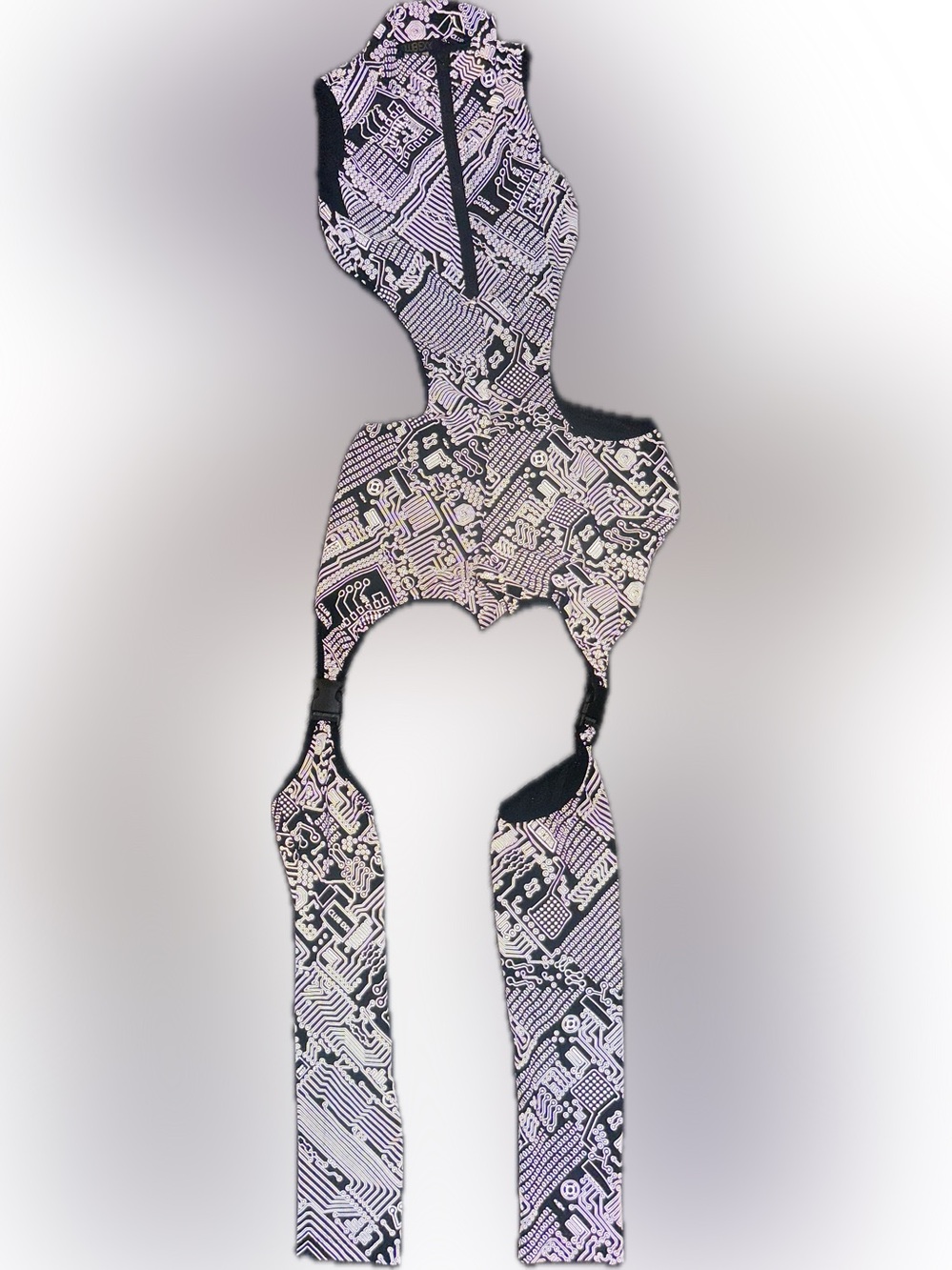 Club Exx Reflective Circuit Board Print Bodysuit with detachable legs